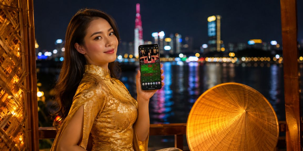 Người dùng tại TP. Hồ Chí Minh sử dụng điện thoại trải nghiệm casino trực tuyến trong trang phục áo dài