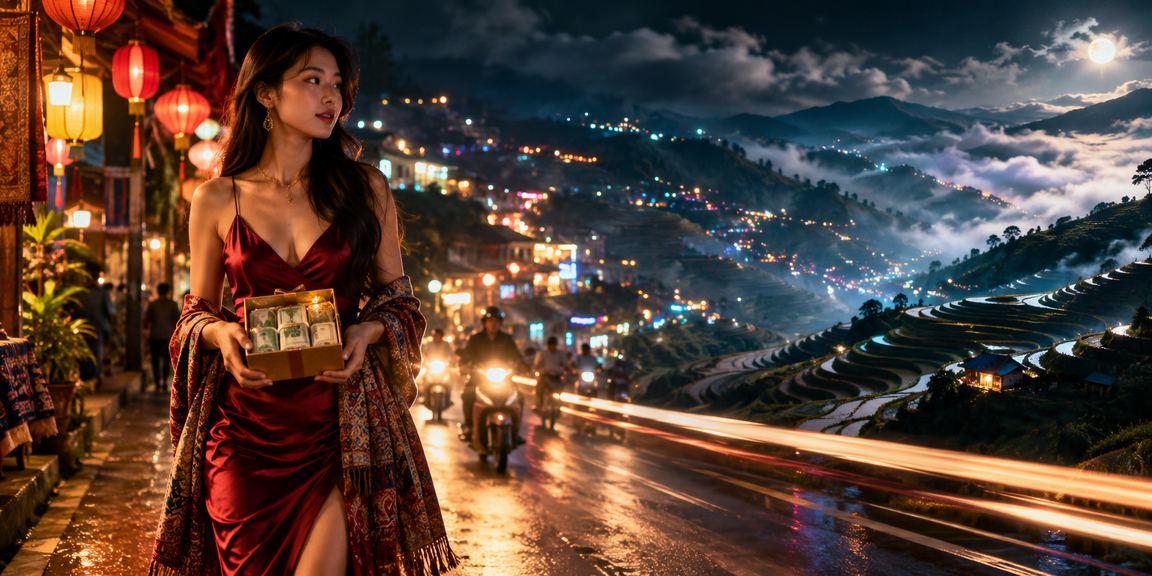 Màn hình phân tích cá cược và không khí chợ đêm Sa Pa lung linh về đêm
